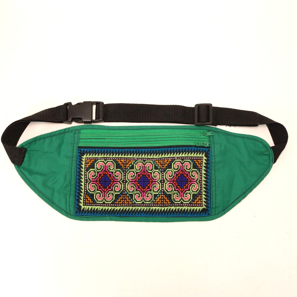 Ethnic Embroidered Fanny Pack Unisex Green Medallion Adj Black Strap Pouch Bag